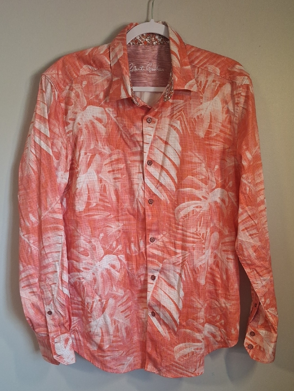 Robert Graham Classic Fit Tropical Monstera Leaf Print Shirt Large L Coral